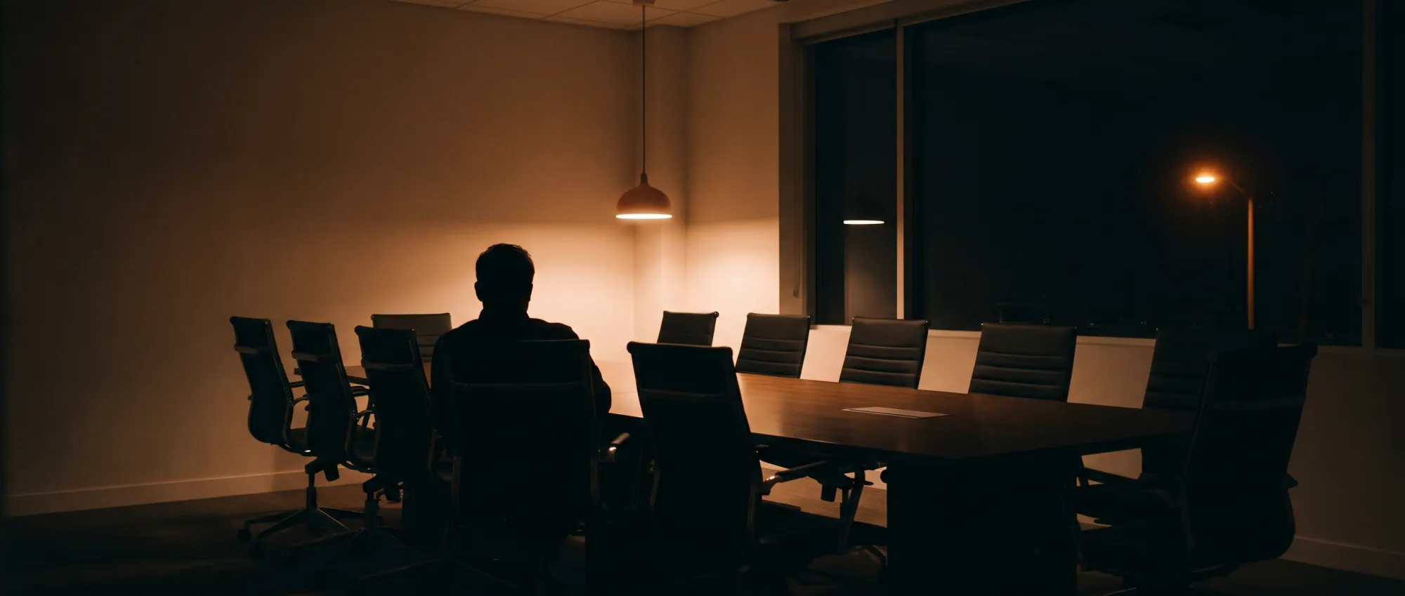 Leeres Sitzungszimmer bei Nacht, eine Reihe leerer Stühle, ein einziger davon besetzt.