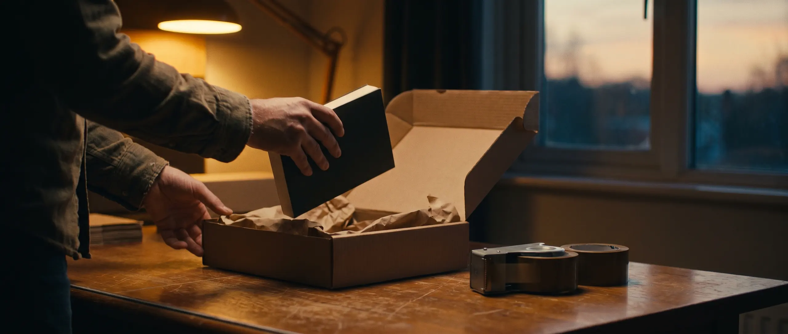 Zwei Hände legen ein Buch in einen Versandkarton mit Packpapier, daneben ein Klebeband-Abroller.