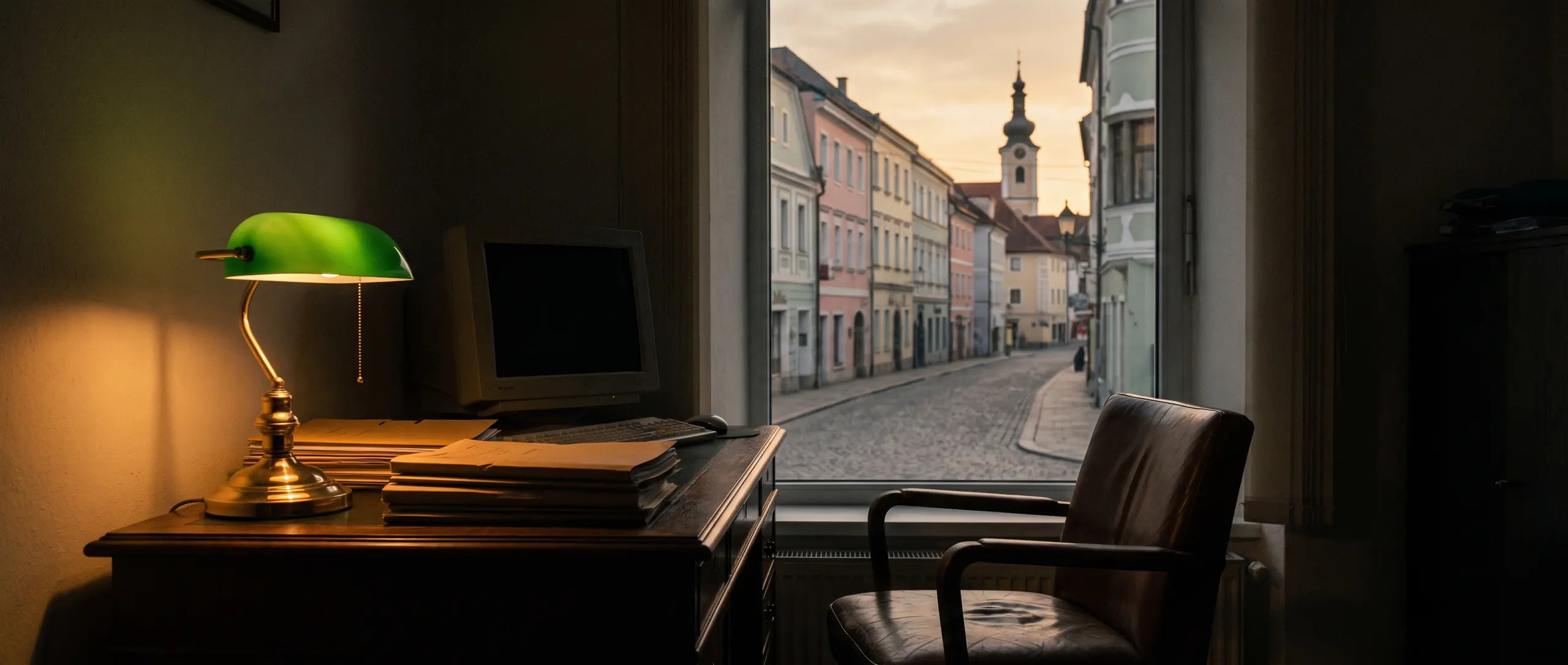 Ein Schreibtisch mit Bankerlampe und altem Bildschirm, daneben ein Fenster auf eine leere Kleinstadtstrasse in der Dämmerung.