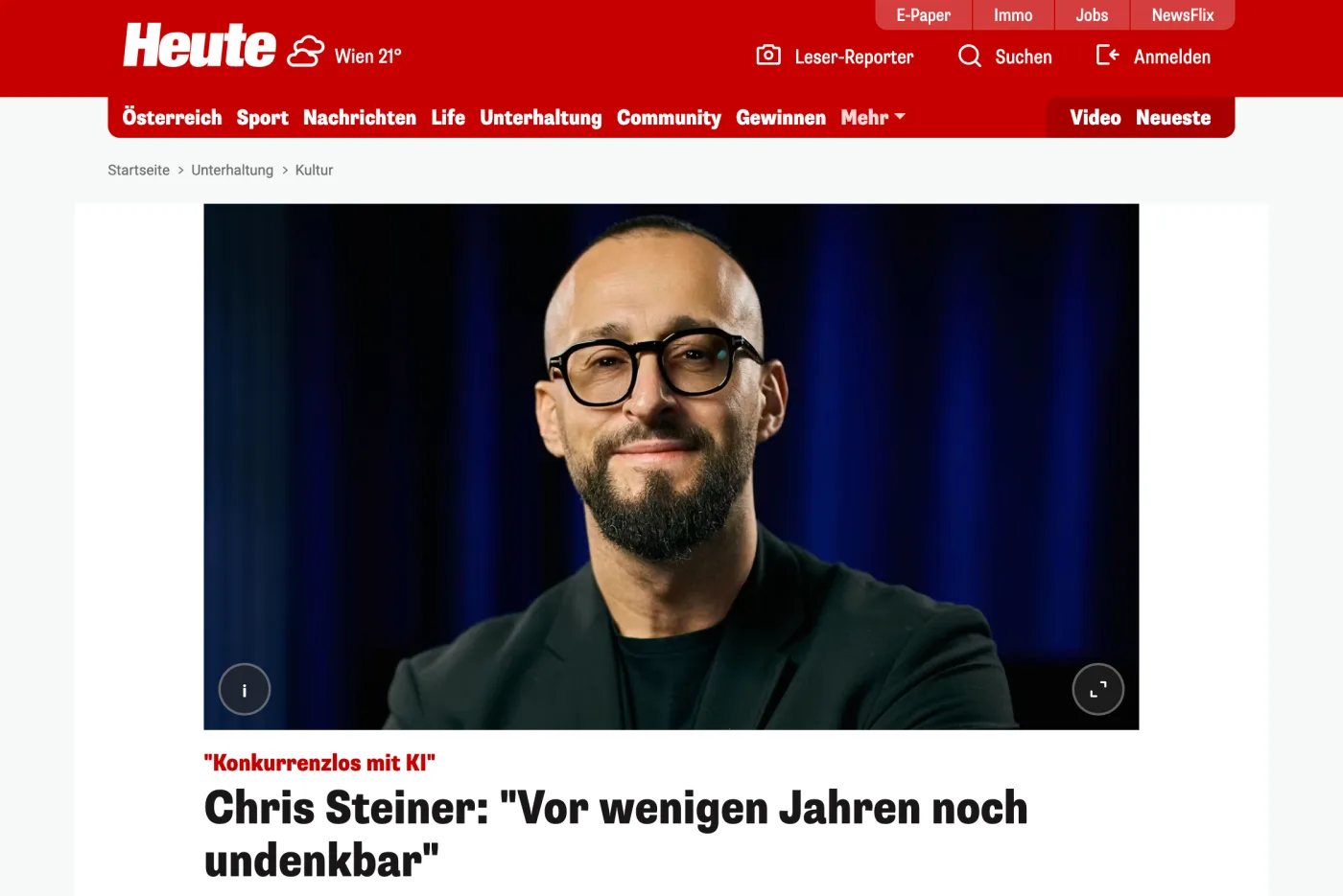 Ausschnitt des Portraits über Chris Steiner im österreichischen Portal Heute vom 15. Juli 2026.