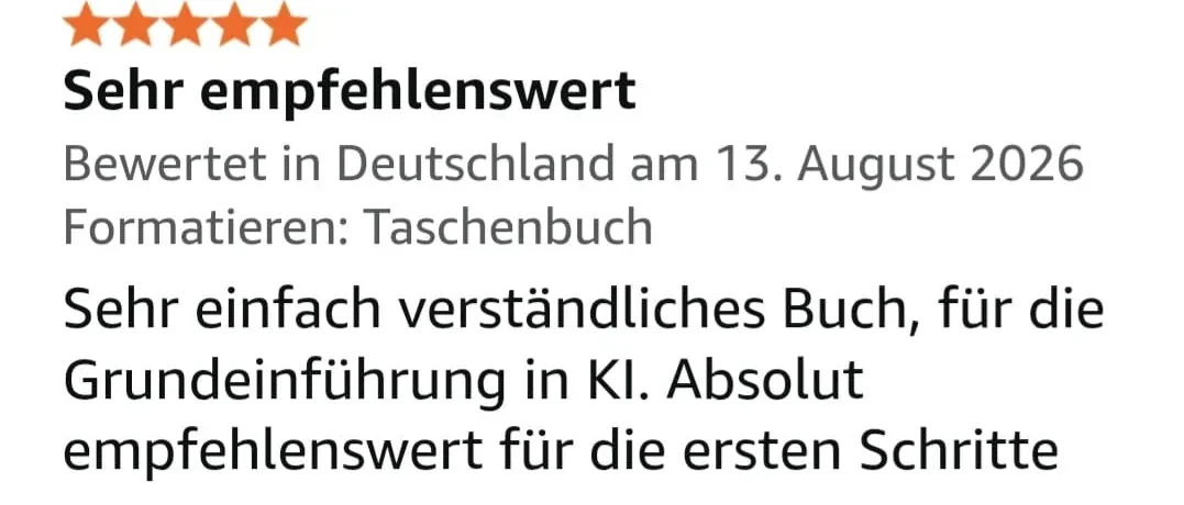 Bildschirmfoto einer Fünf-Sterne-Rezension zum Buch bei Amazon, der Name des Rezensenten ist entfernt.